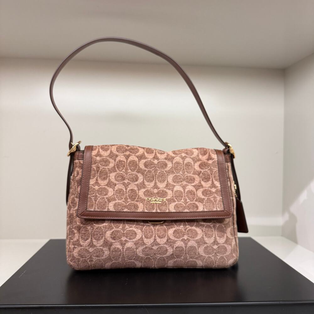 New‼️Coach Etta Flap Bag Signature Chenille CCE58 Light Khaki/Vintage Brown